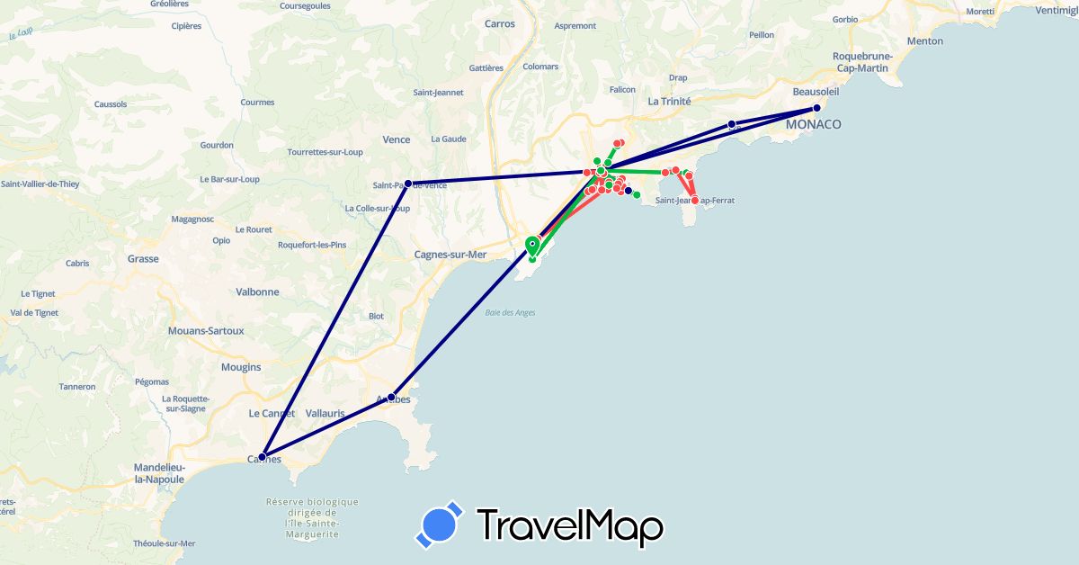 TravelMap itinerary: driving, bus, hiking in France, Monaco (Europe)